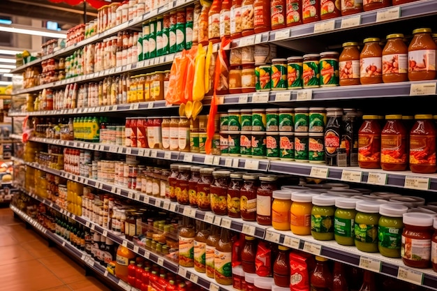 Lanes of shelves with goods products inside a supermarket variety of preserves and pasta shelves full and tidy