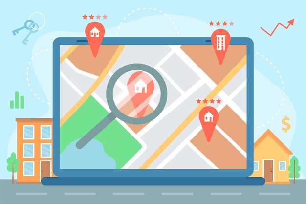 Illustrated real estate searching on laptop