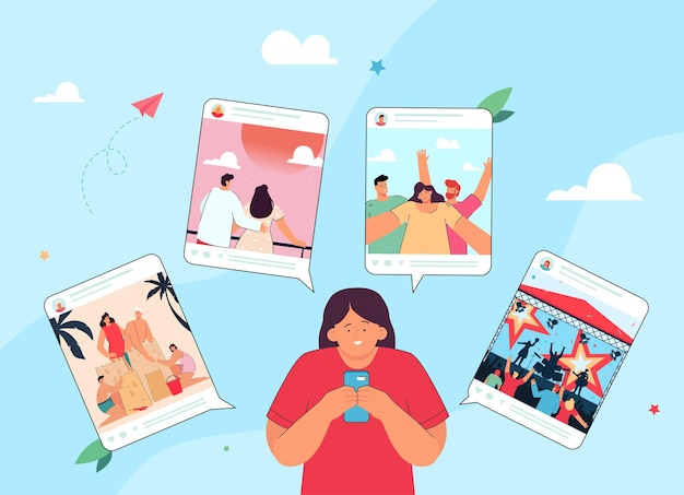 Girl with phone looking at photos on social network