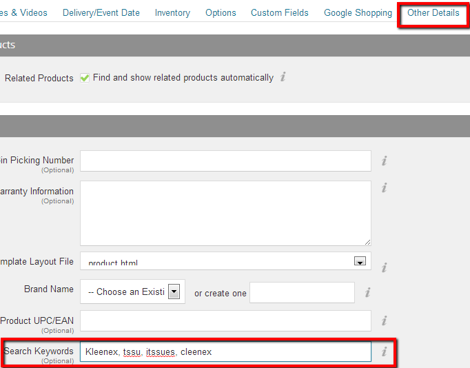 BigCommerce product Search Keywords field