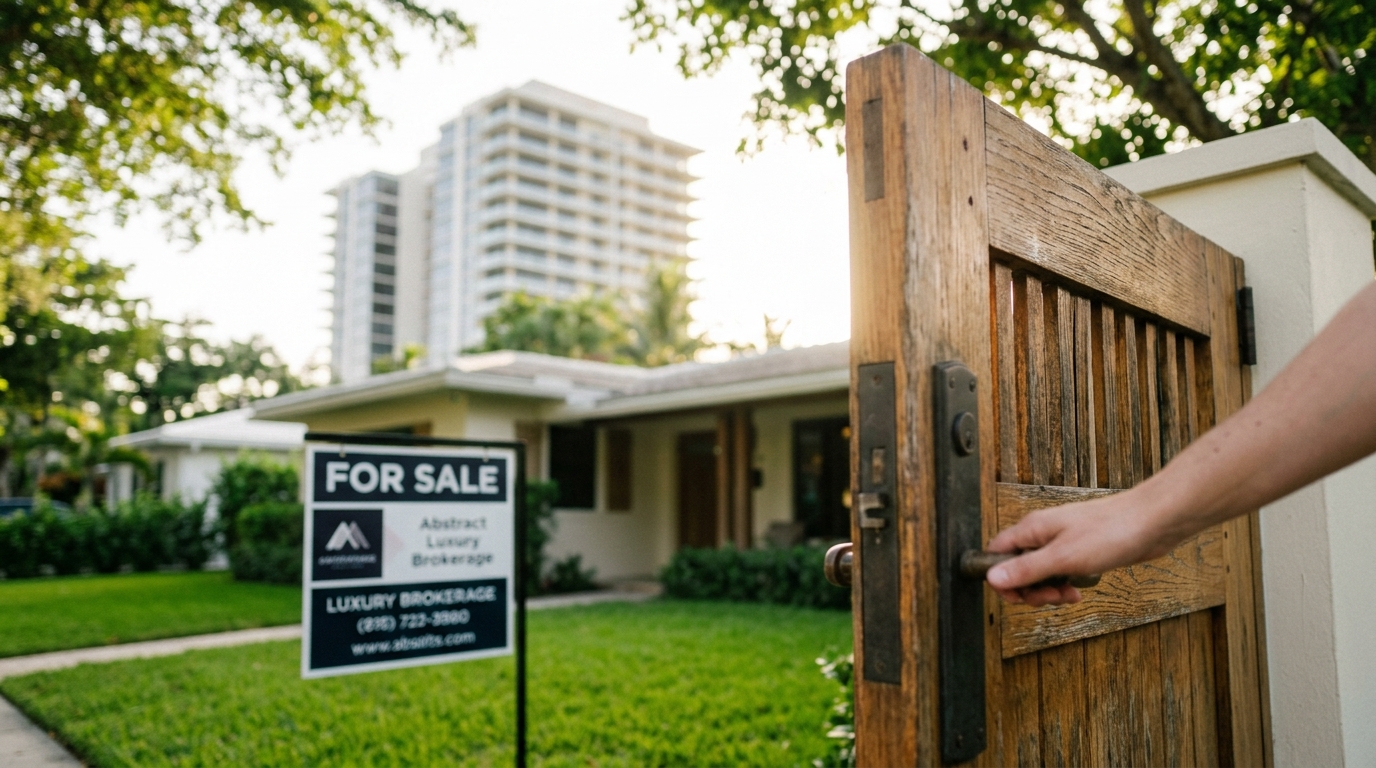 Hand opening a wooden gate to a lawn with a "FOR SALE" sign, house, and apartment buildings.