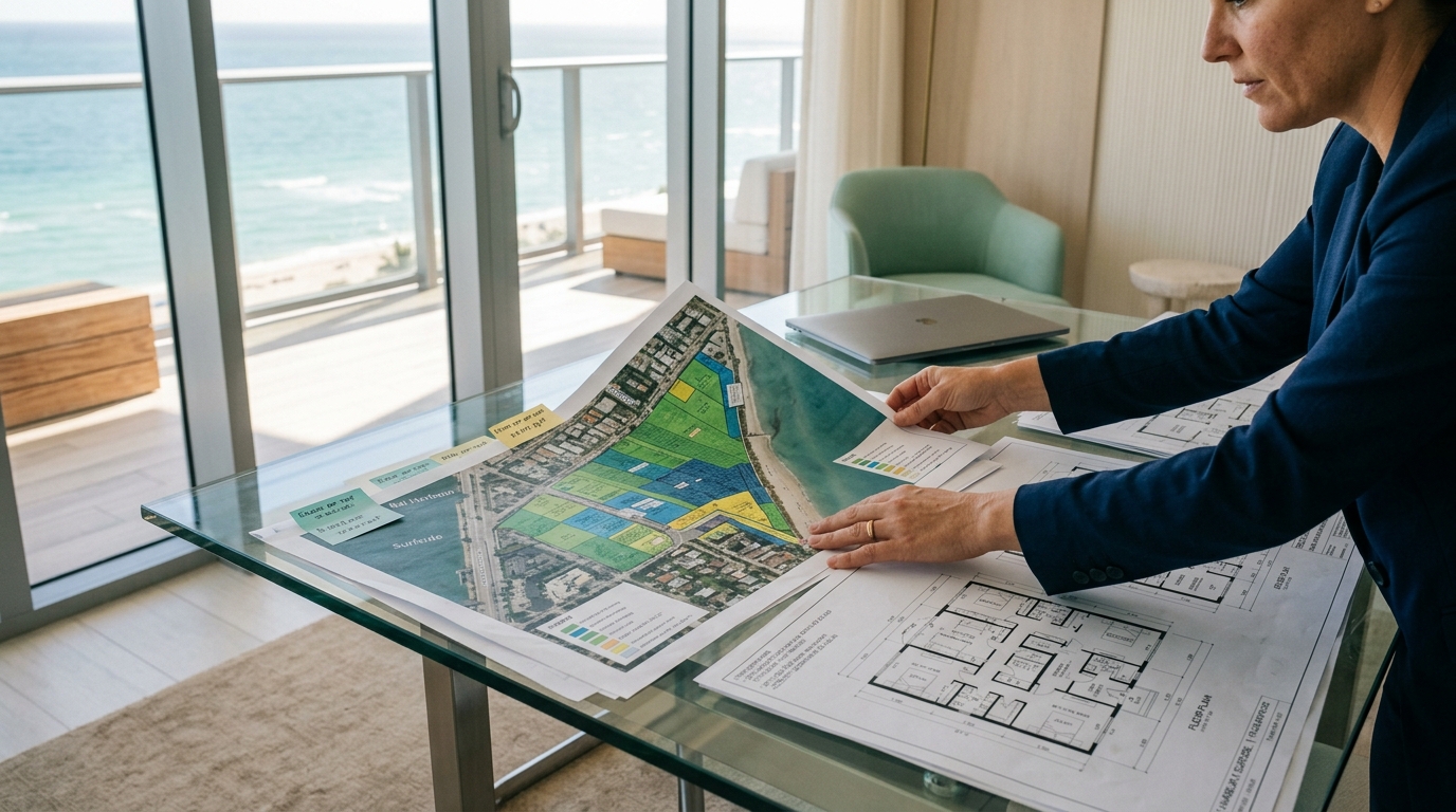 Hands reviewing a land plot map and architectural plans on a glass table with ocean view.