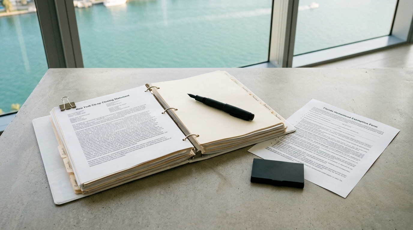Open binder with "New York Co-op Closing Statement" and "Florida Homestead Exemption Form" on a desk by water.
