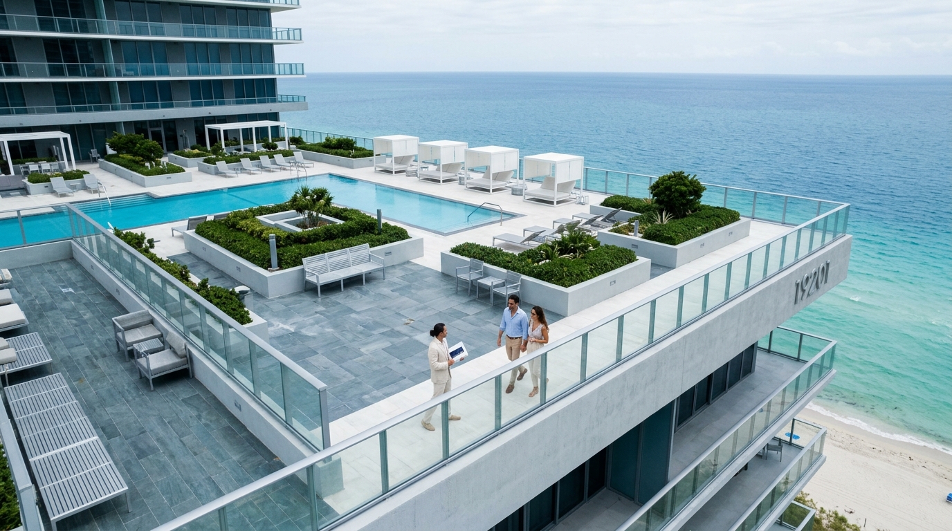 Agent talks to a couple on a high-rise rooftop pool deck overlooking the ocean.