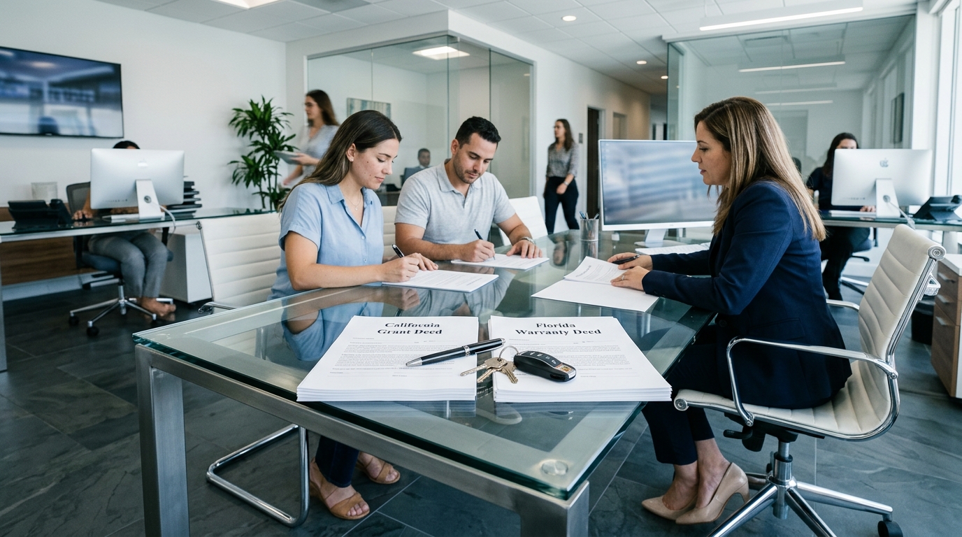 Two people sign "California Grant Deed" and "Florida Warranty Deed" documents at a glass table.