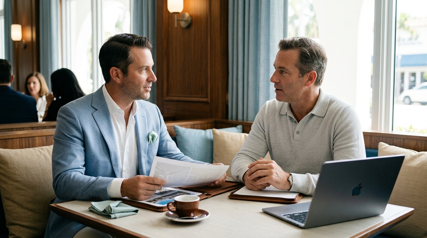 Two men discuss papers and a laptop at a table in a bright cafe.
