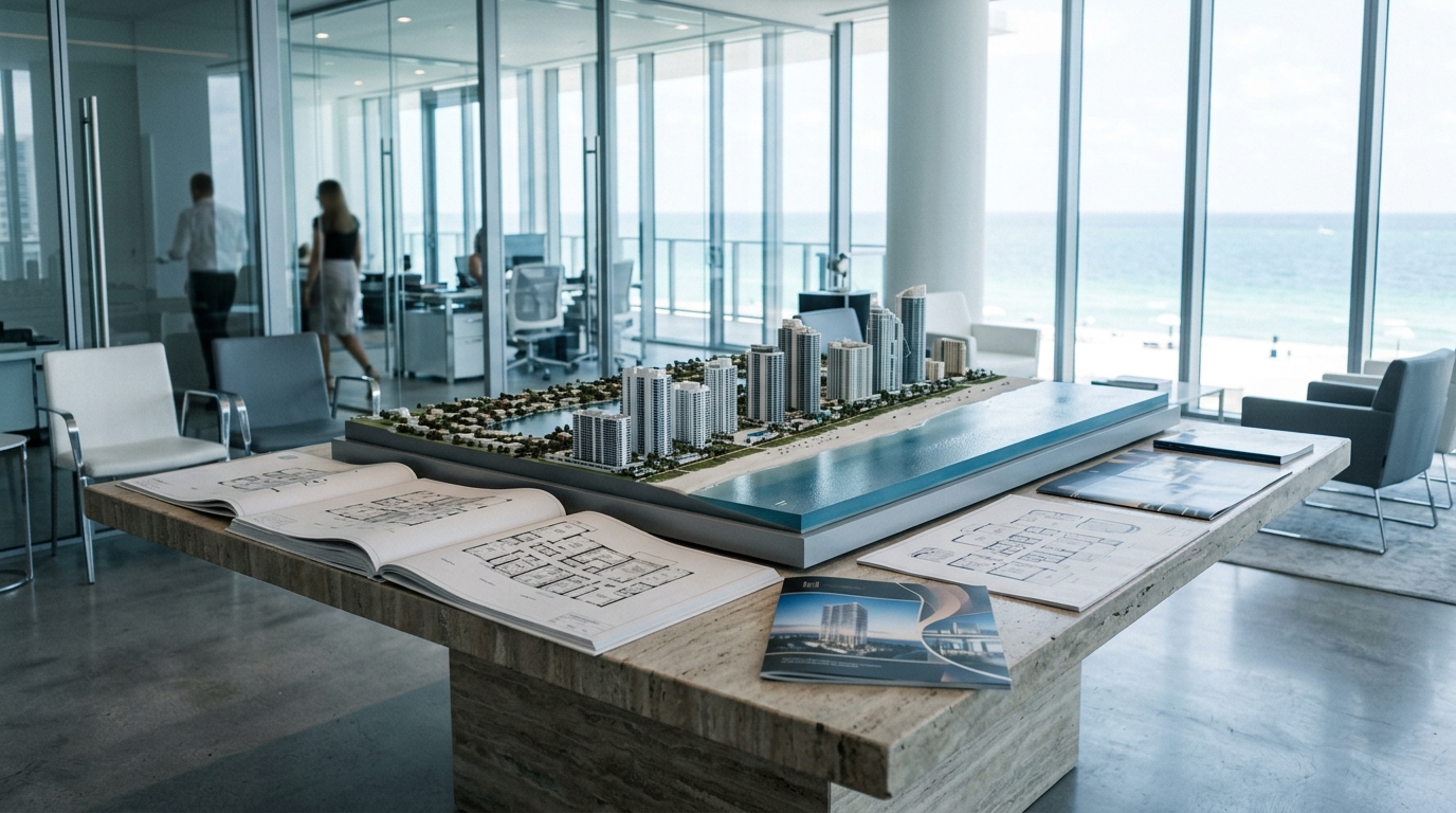 Architectural model of a beachfront city with high-rises and ocean, alongside blueprints on a table.