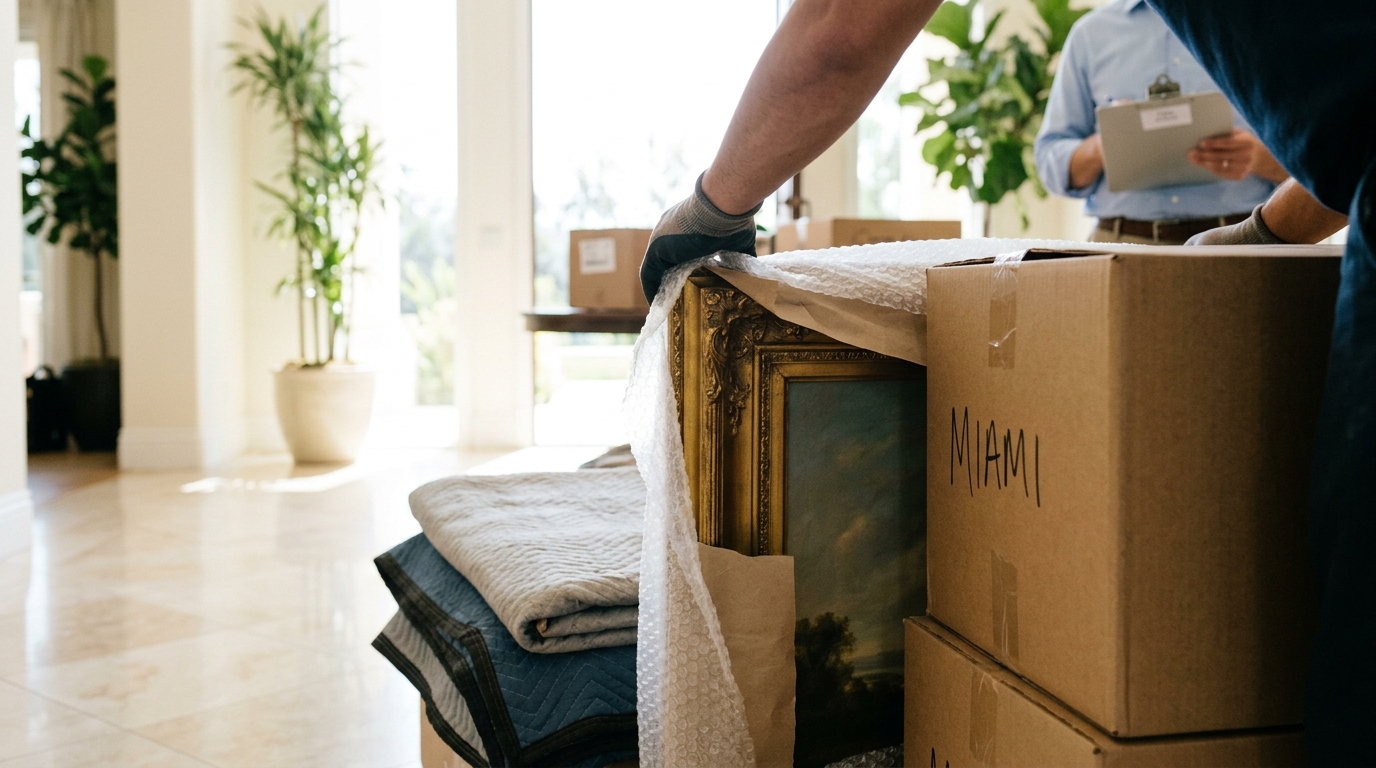 Gloved hands wrap a framed painting with bubble wrap, beside moving blankets and "MIAMI" boxes.