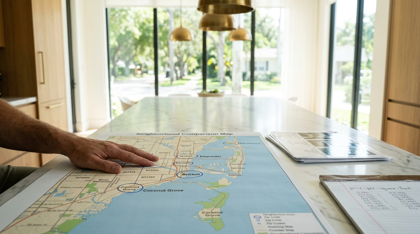 A hand points to a Miami neighborhood map on a kitchen island, with price calculations and documents.
