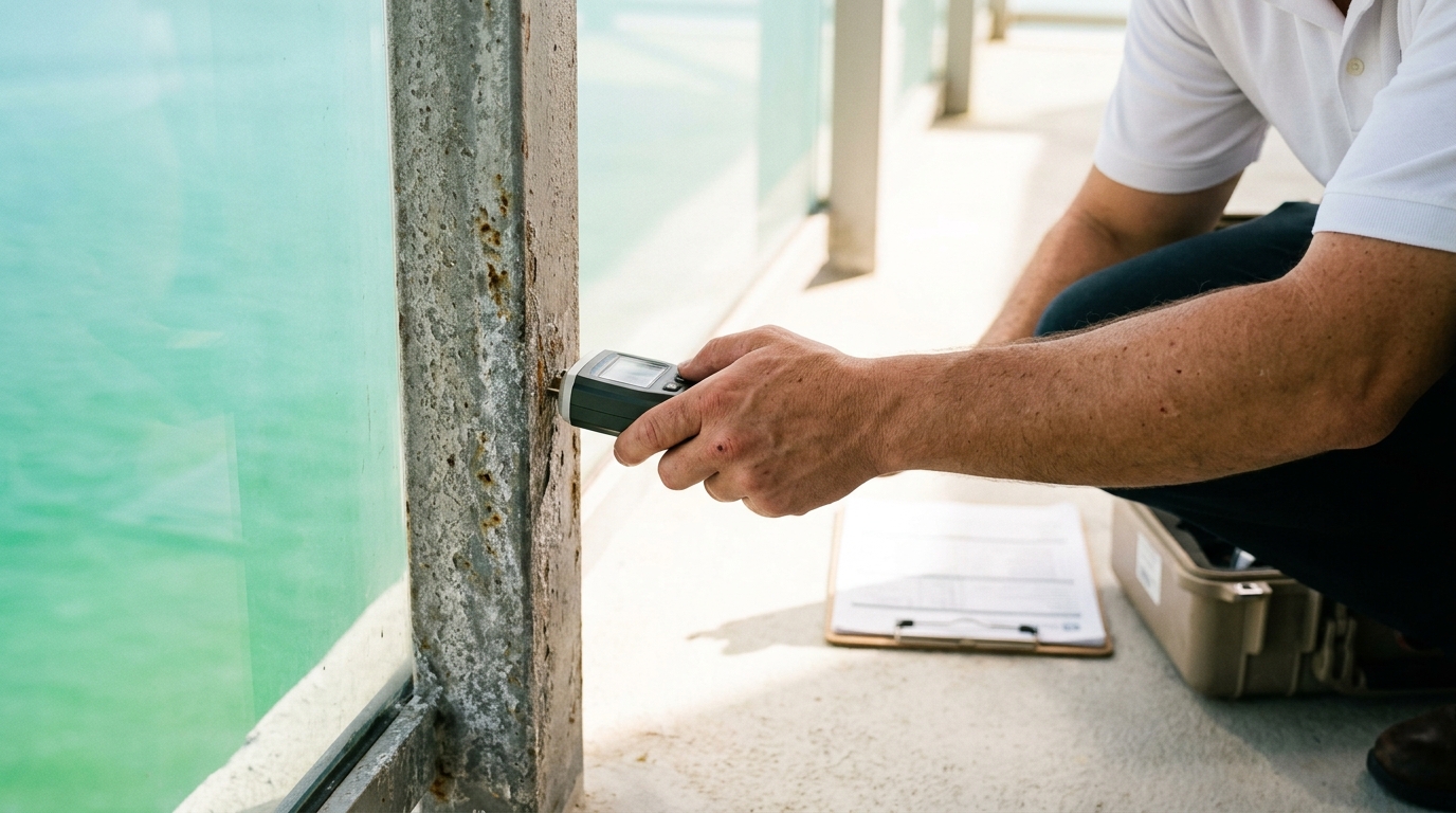 Person uses a handheld meter to check corrosion on a rusty metal support beam next to a green glass panel.