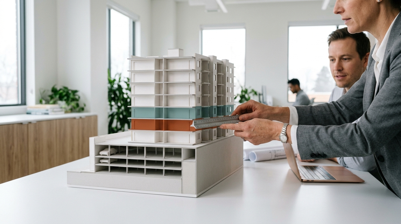 Hands measure an architectural building model with colored panels on a white desk.