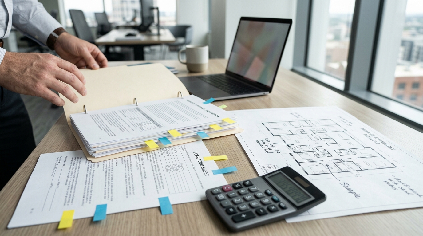 Hands opening a binder of tabbed documents, with a laptop, calculator, and blueprint on the desk.