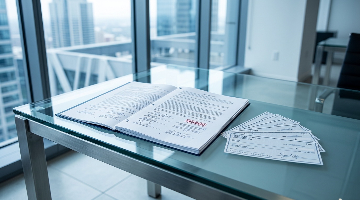 An open legal document with signatures and a stack of checks on a glass table in front of city windows.