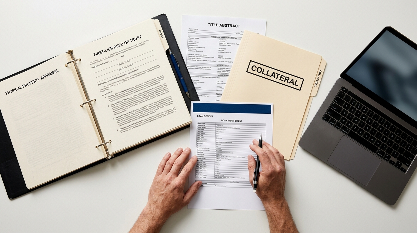 Hands reviewing a loan term sheet, surrounded by a laptop, property appraisal, collateral, and trust documents.