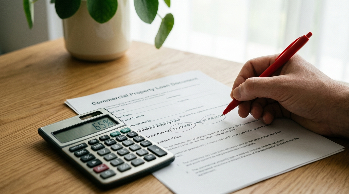 Hand circling loan amounts on a commercial property document, calculator displays 65%.