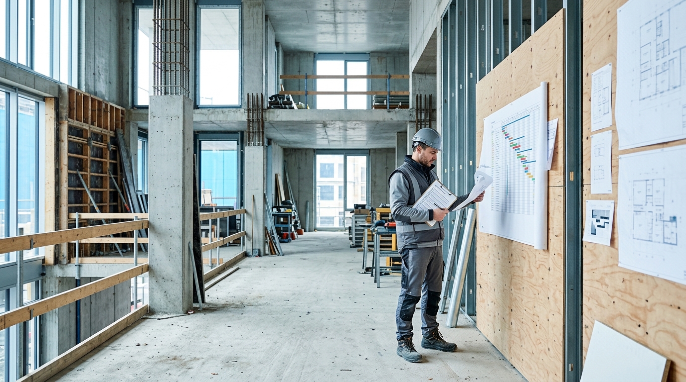 Construction worker in hard hat reviewing plans on a clipboard at an unfinished building site.