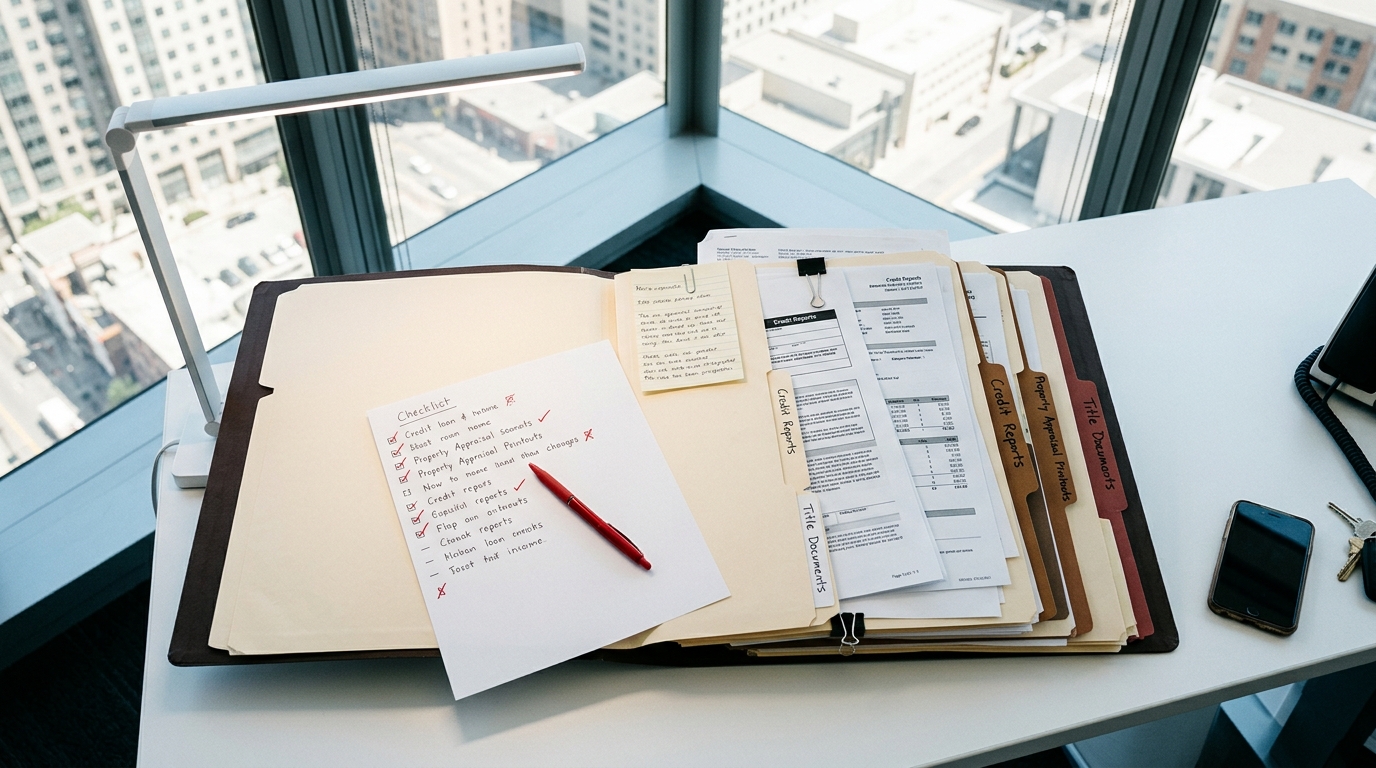 Open binder with Credit Reports, Property Appraisal, and Title Documents, plus a checklist on a desk.