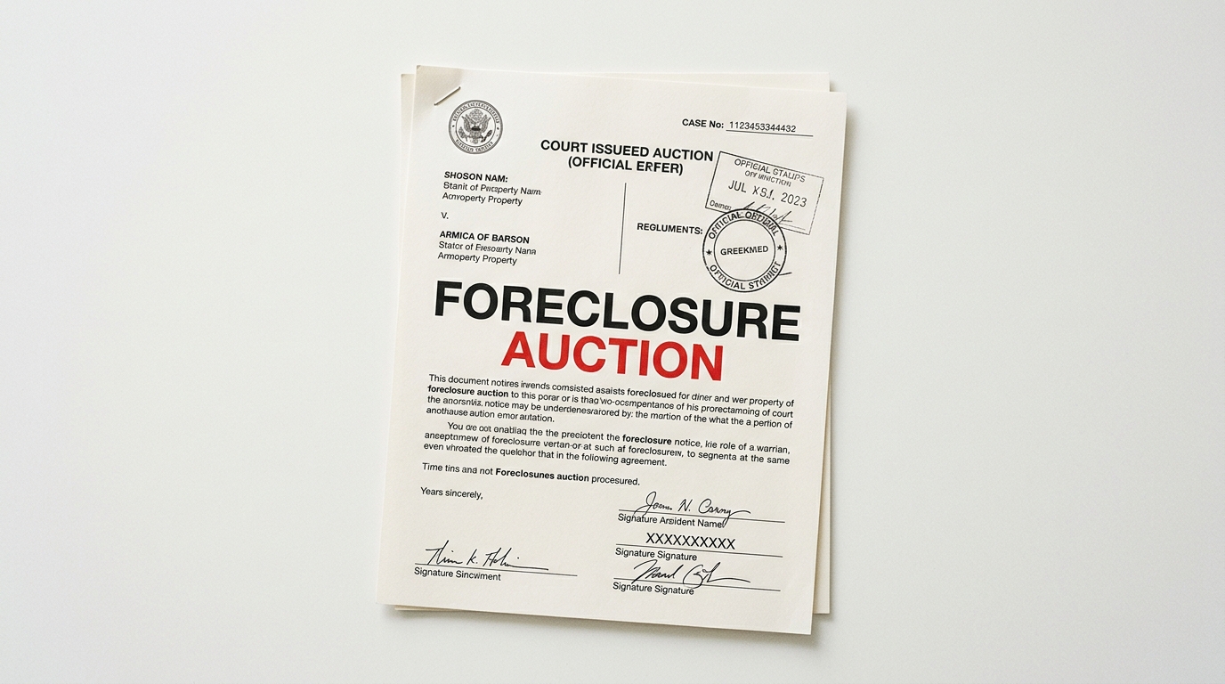 Document titled "FORECLOSURE AUCTION" in large red and black letters, with official stamps and signatures.