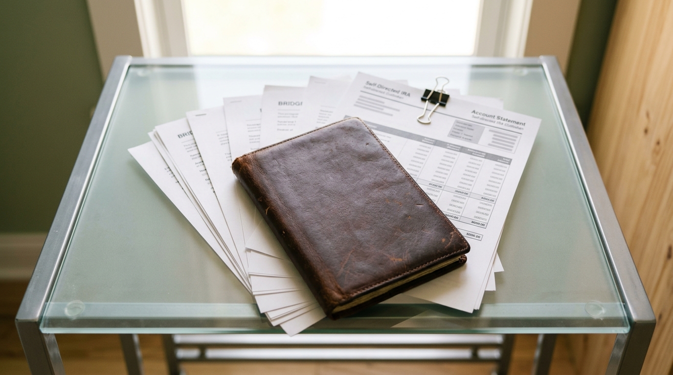 Brown leather journal on a stack of financial papers, including an 'Account Statement' for a Self-Directed IRA.