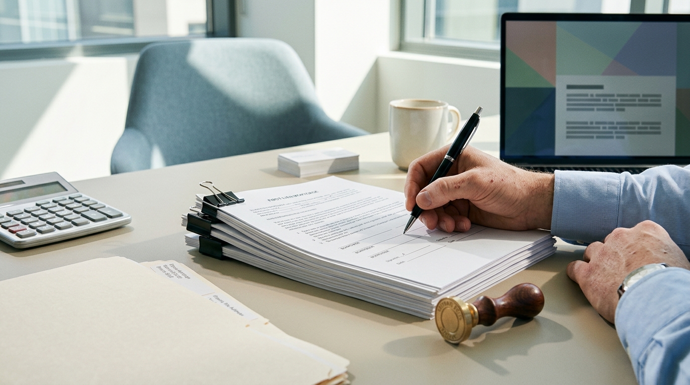 Hands sign a "FIRST LIEN MORTGAGE" document on a desk with a calculator, laptop, and coffee cup.