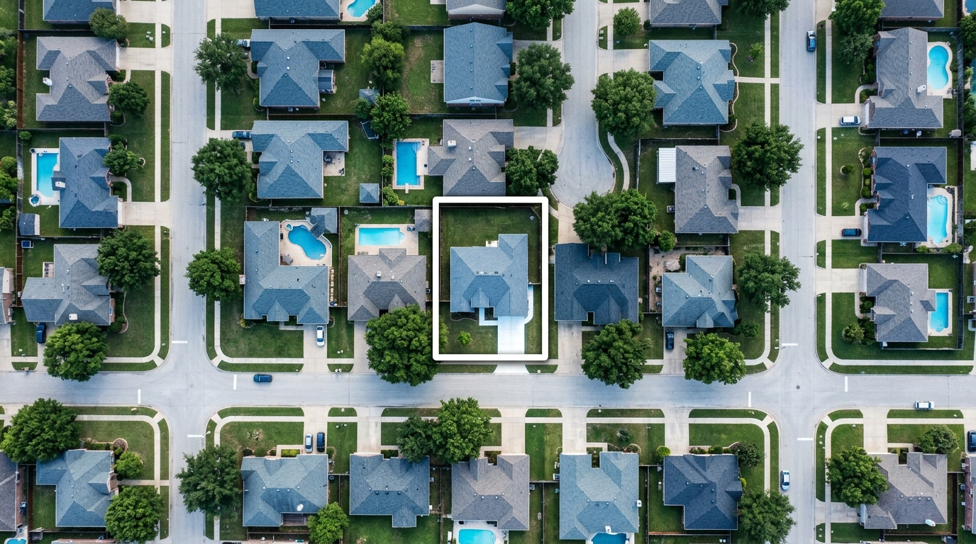 An aerial view shows a residential neighborhood with houses, streets, and lawns; one house is highlighted in white.