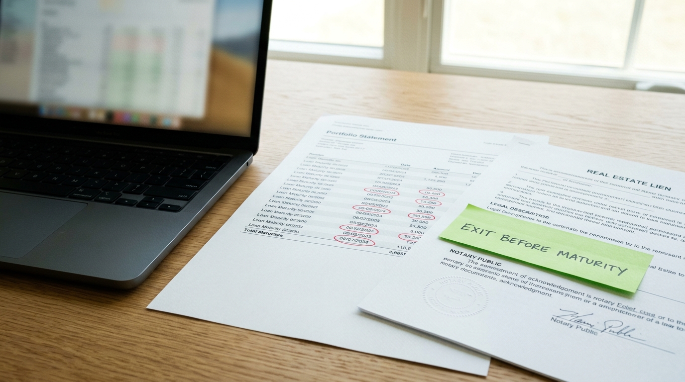 Portfolio Statement, Real Estate Lien documents, and an "EXIT BEFORE MATURITY" sticky note next to a laptop.