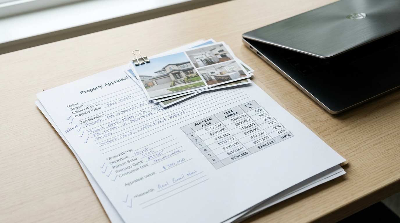 Property appraisal forms with handwritten notes, real estate photos, and a laptop on a wooden desk.
