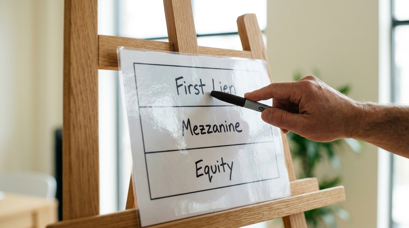 Hand points a marker at "First lien" on a paper displayed on a wooden easel. "Mezzanine" and "Equity" are below.