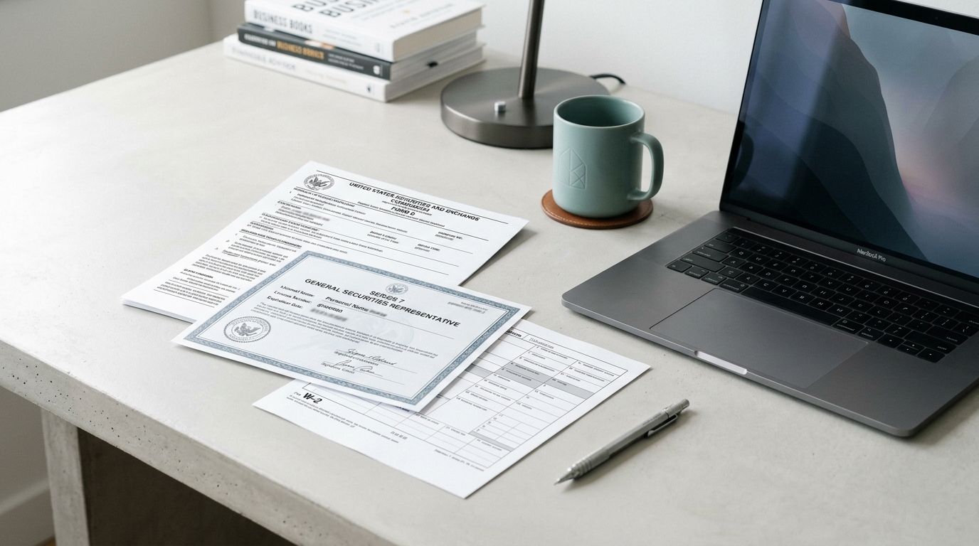 Financial forms, including a Series 7 license and W-2, with a laptop, mug, and pen on a desk.