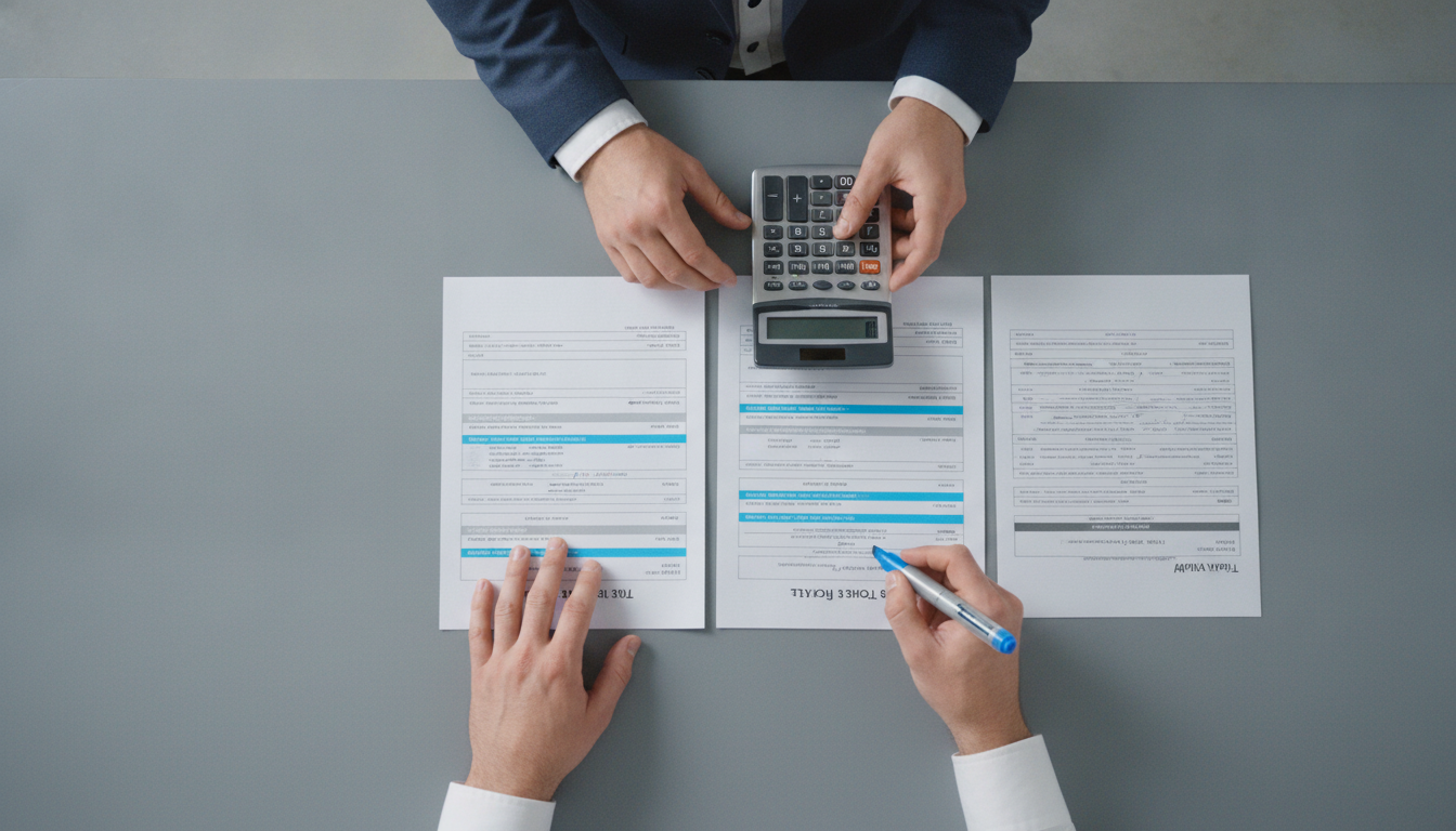 Two people's hands on a grey table, one operating a calculator, the other writing on a document.