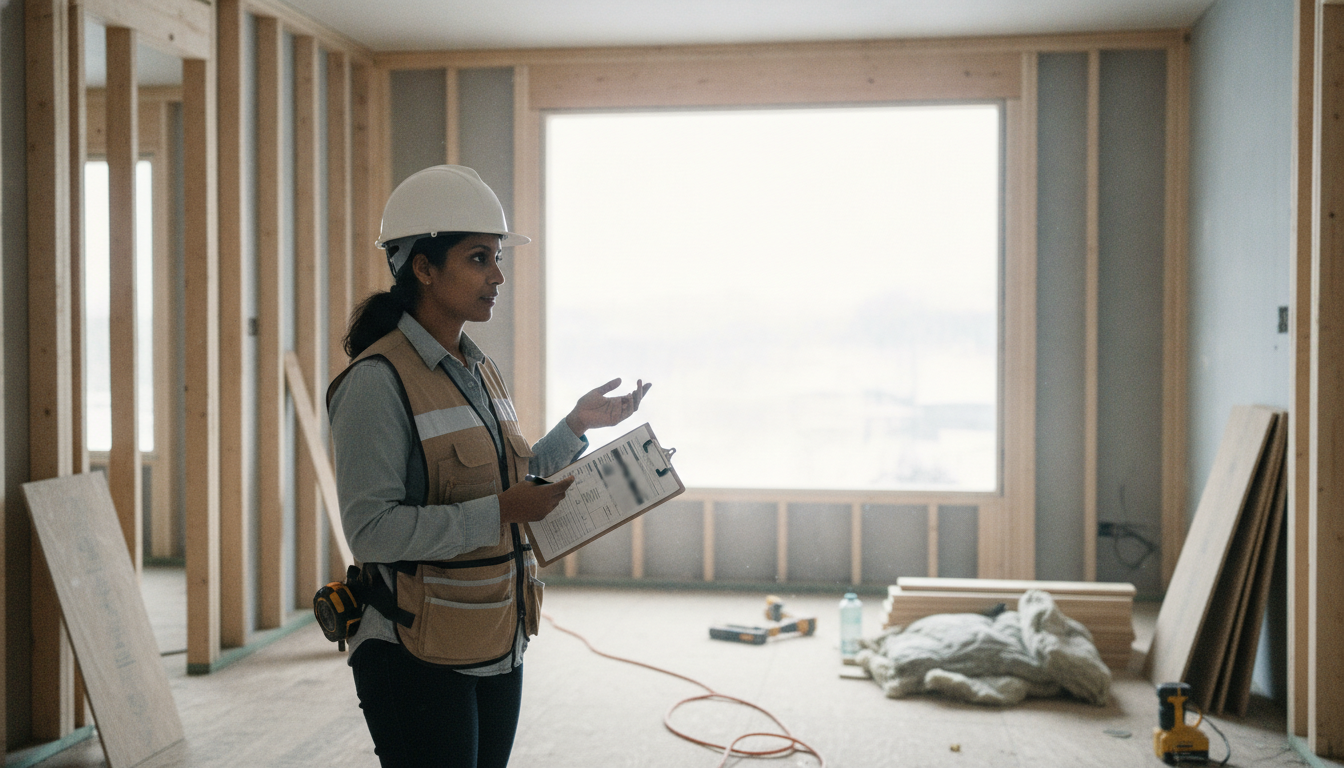 Woman in a hard hat and safety vest holds a clipboard in a room under construction with wood framing.