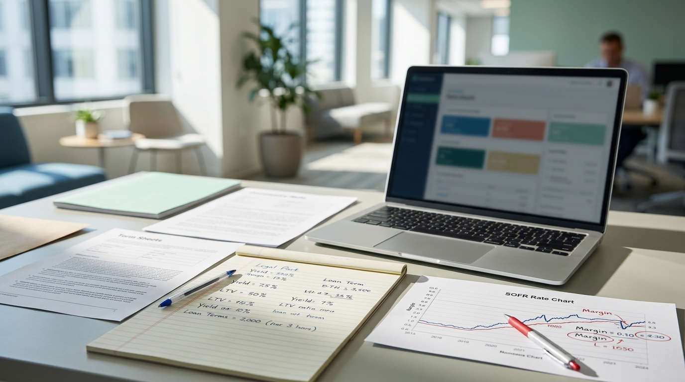 Desk with financial documents, a laptop showing a data dashboard, notepad with calculations, and a SOFR rate chart.
