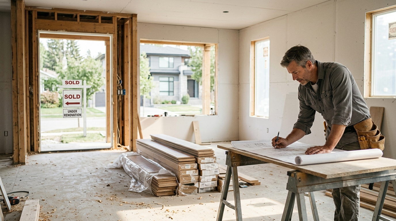 A construction worker studies blueprints inside a house under renovation with a "SOLD" sign outside.