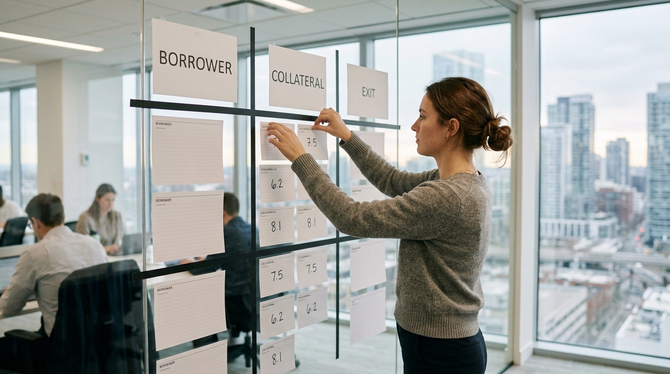 Woman places a numbered card on a glass partition scorecard, with office workers and city skyline visible.