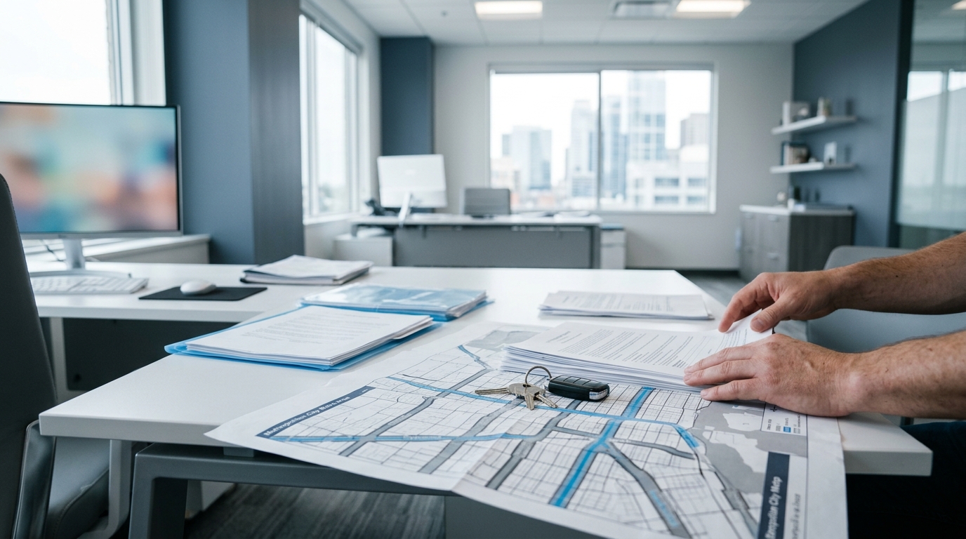 Hands on documents, a city map with car keys on an office desk. Computer in background.