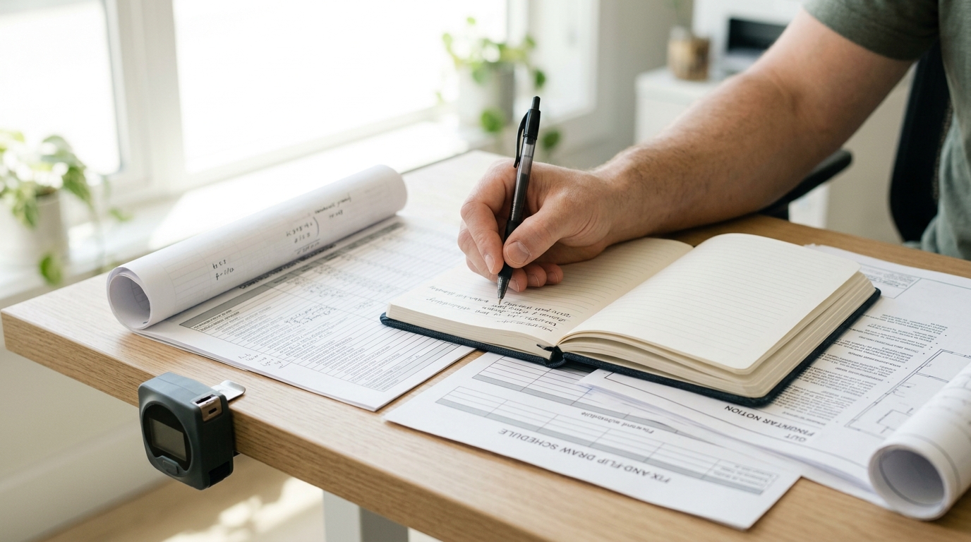 Person's hand writing in an open notebook on a desk with blueprints and papers.