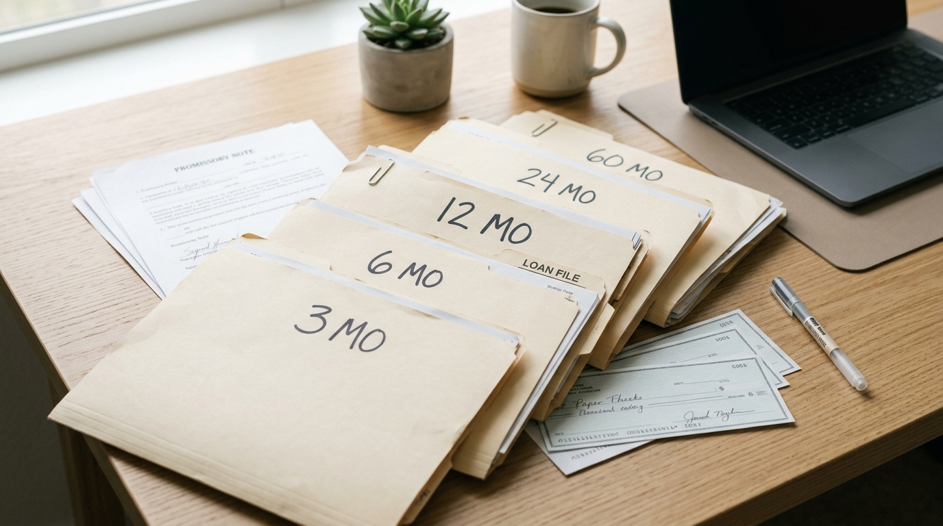 File folders labeled "3 MO" to "60 MO" on a desk with a promissory note, checks, and laptop.