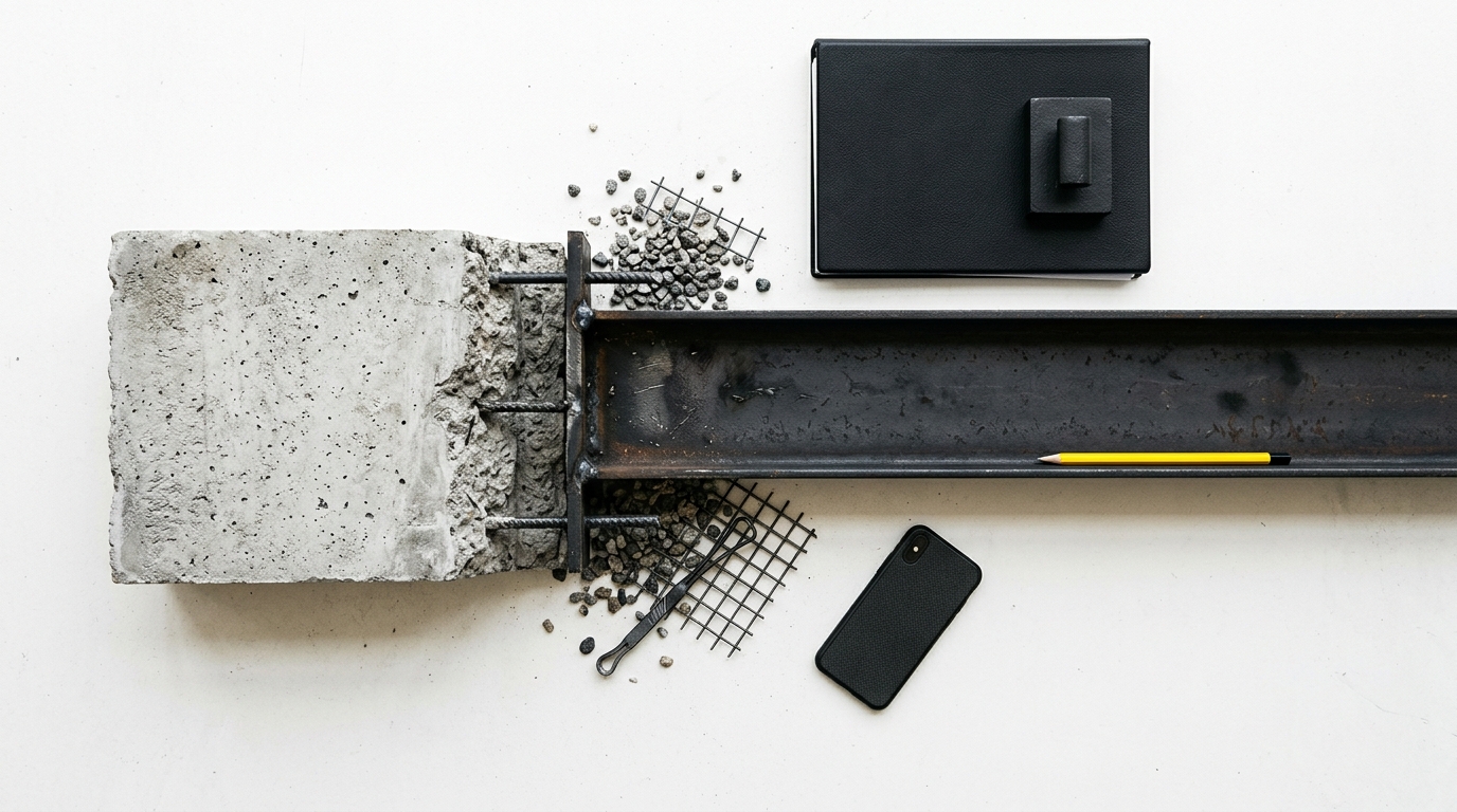 Concrete block with rebar, steel beam, pebbles, mesh, notebook, pencil, and smartphone.