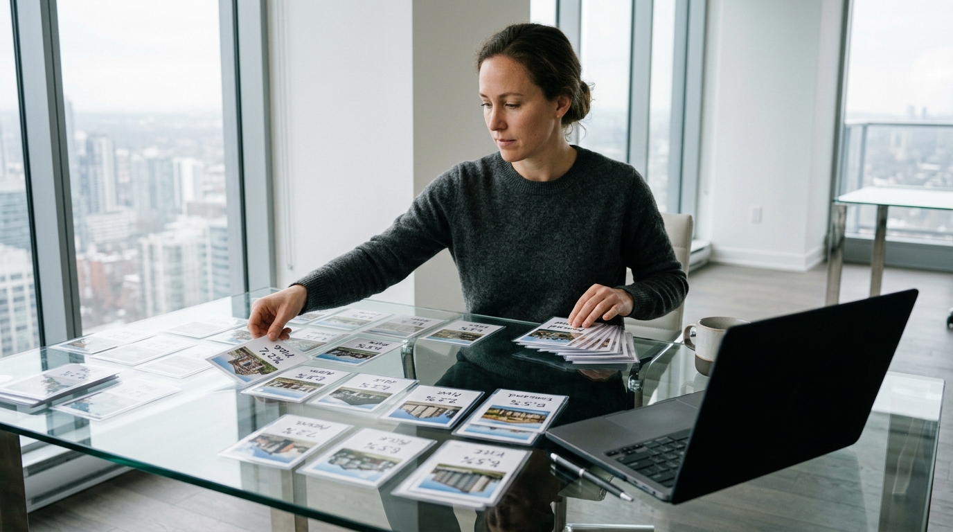 Woman at a glass desk sorting cards with real estate images and numbers, with a city skyline behind her.