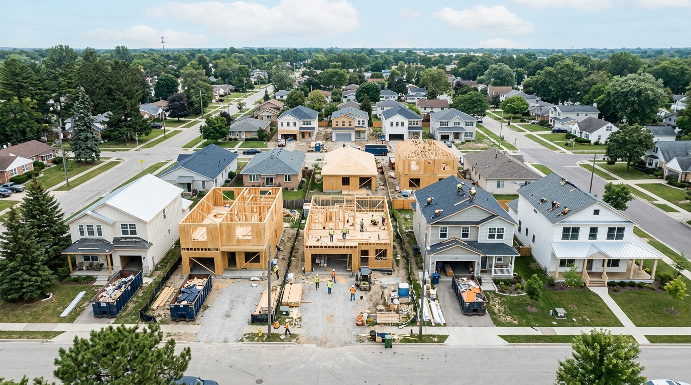 Aerial view of a suburban street with completed houses, wood-framed houses under construction, and dumpsters.
