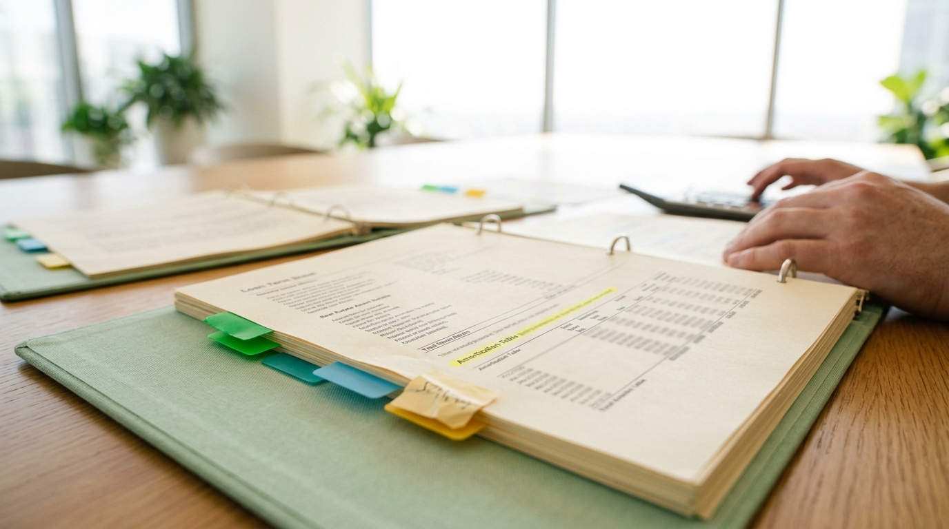 Financial documents in an open binder with tabs, and hands using a calculator on a wooden desk.