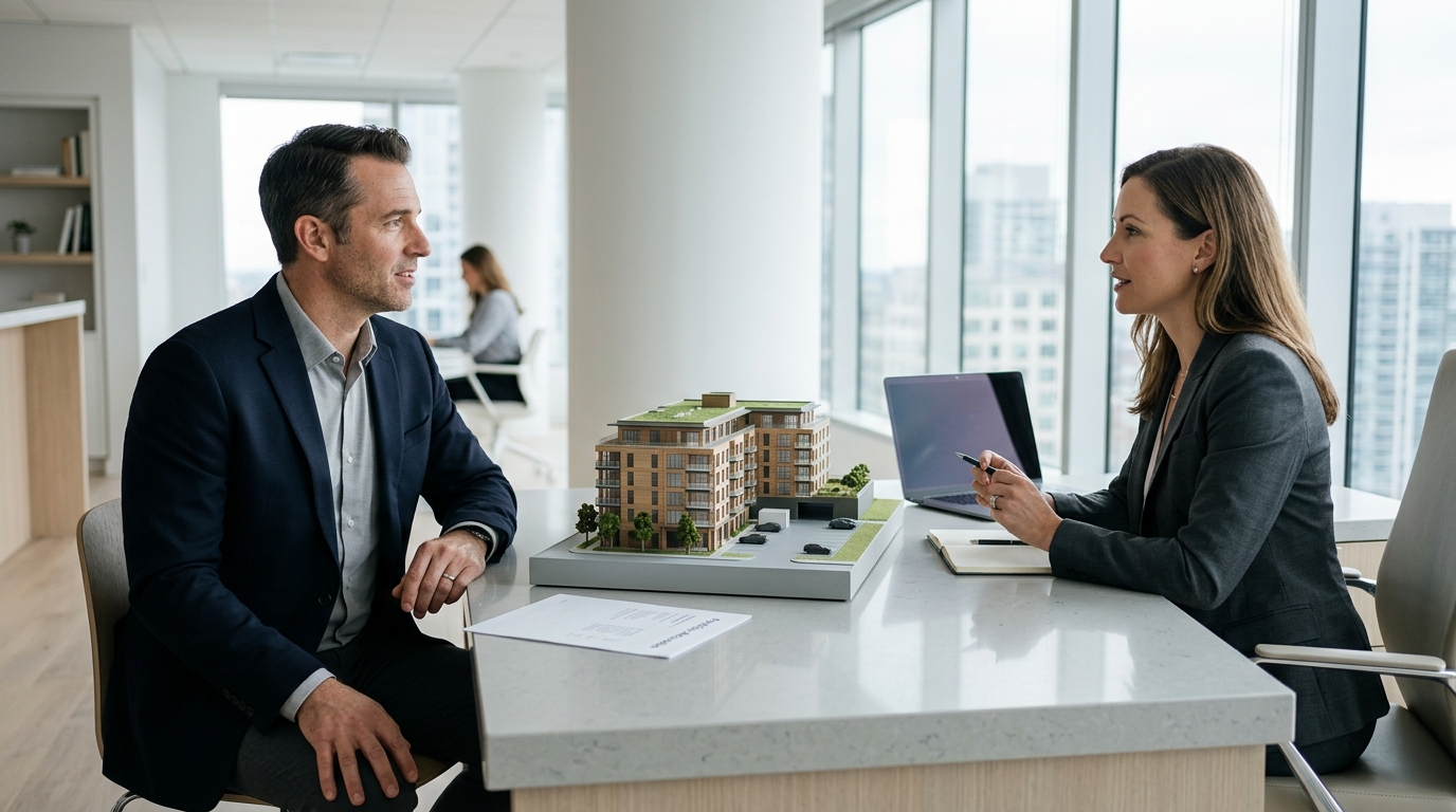 Two professionals discussing an architectural model of a multi-story building with a green roof.
