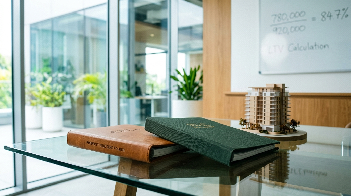 Brown "PROPERTY TITLE DEED" folder, green "LEGAL DOCUMENT" folder, building model, and LTV calculation on a whiteboard.