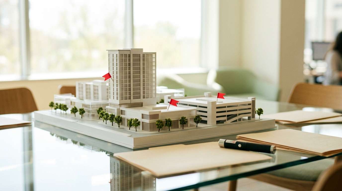Architectural model of a building complex with red flags and trees, next to folders and a laser pointer.