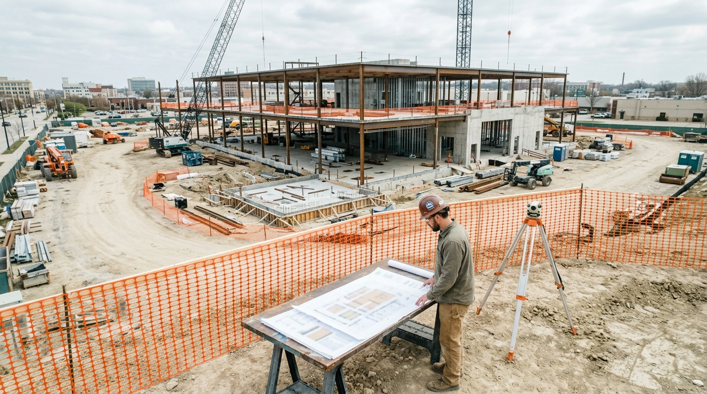 Construction worker reviews blueprints at a large construction site with a partially built steel building.