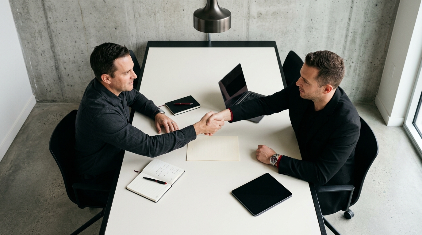 Two men in dark shirts shaking hands across a white table with a laptop, notebooks, and tablet.