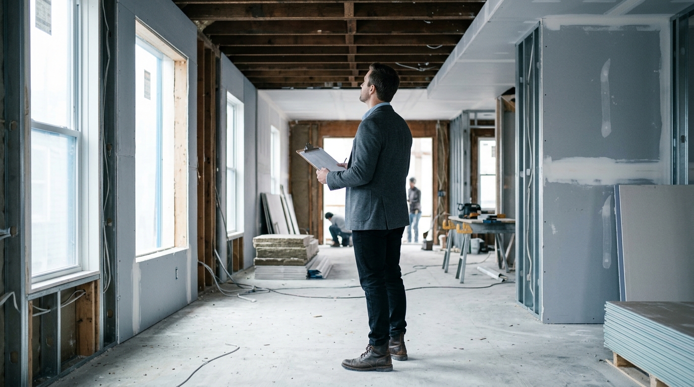 Man with a clipboard inspects a building under construction with exposed studs and drywall.