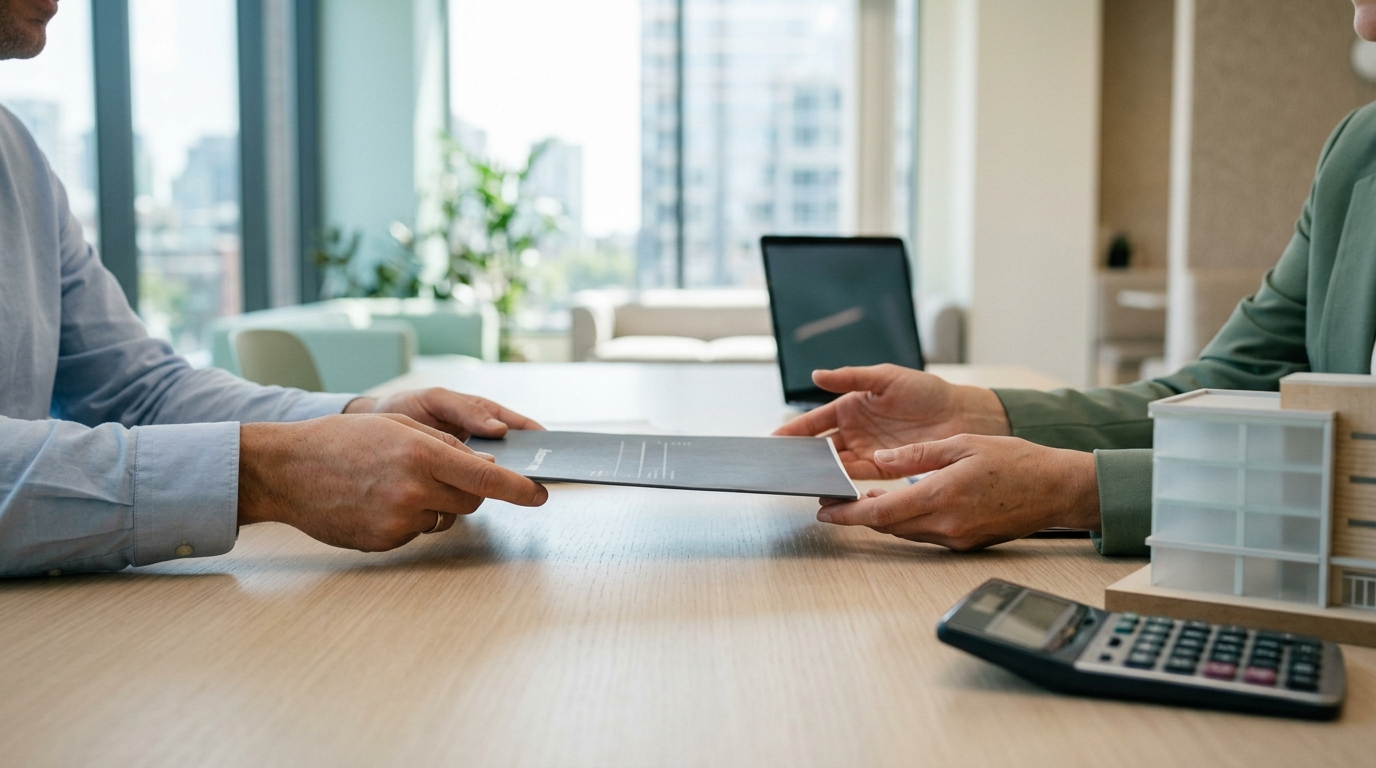 Two people exchange a document across a table with a building model and calculator.