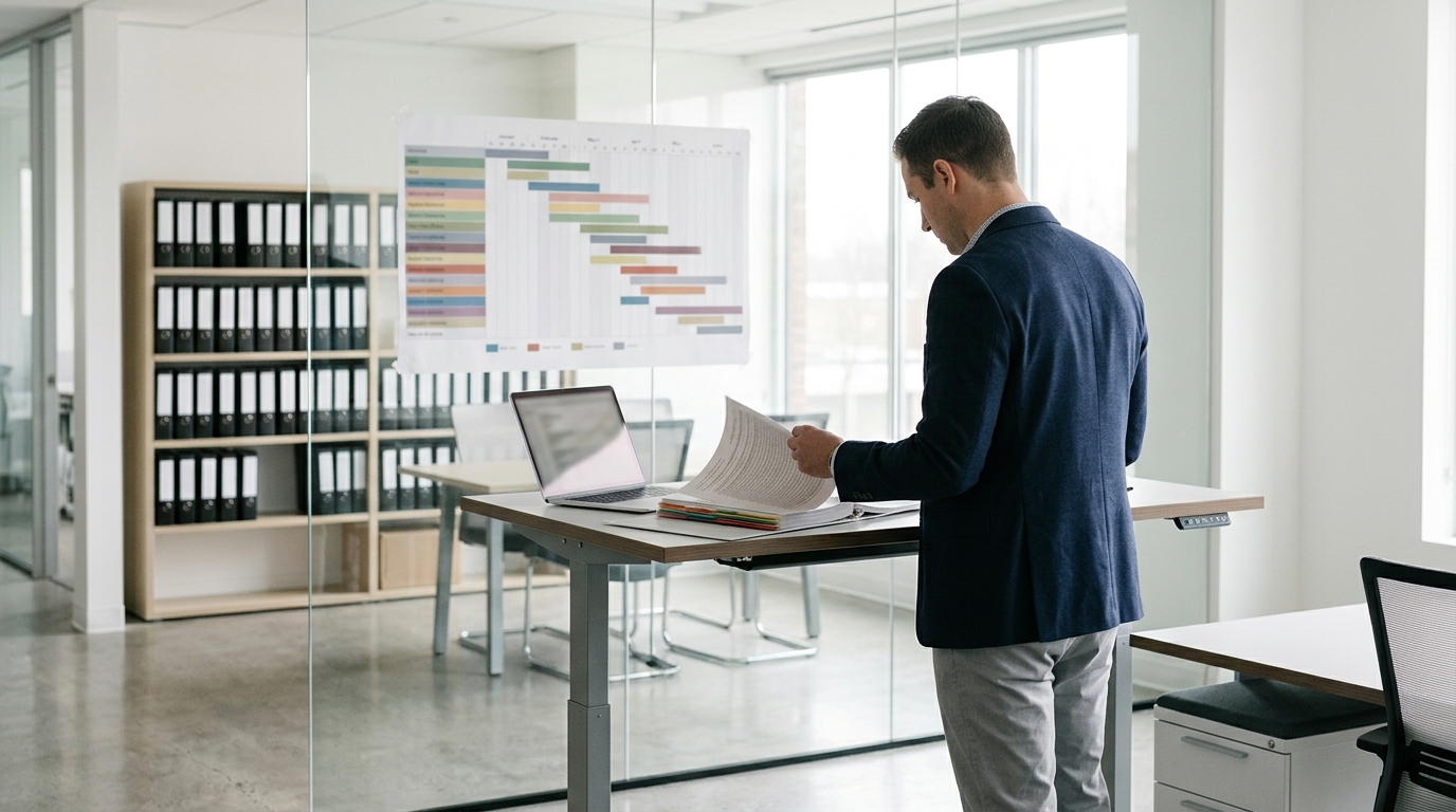 Man standing at a height-adjustable desk, reviewing documents with an open laptop in a bright office.