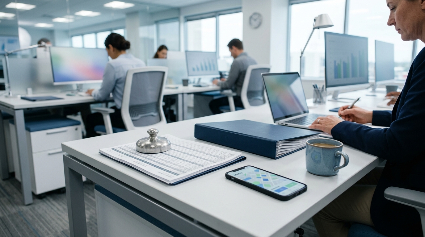 Person typing on a laptop and writing at a desk, surrounded by other office workers.